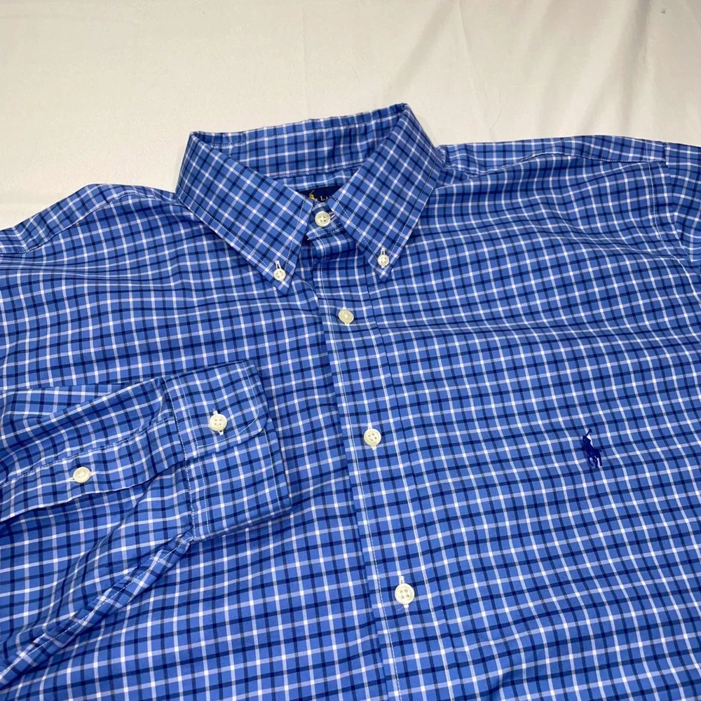 Ralph Lauren Performance Blue Plaid Button Down Shirt Mens 2XLT Tall Stretch
